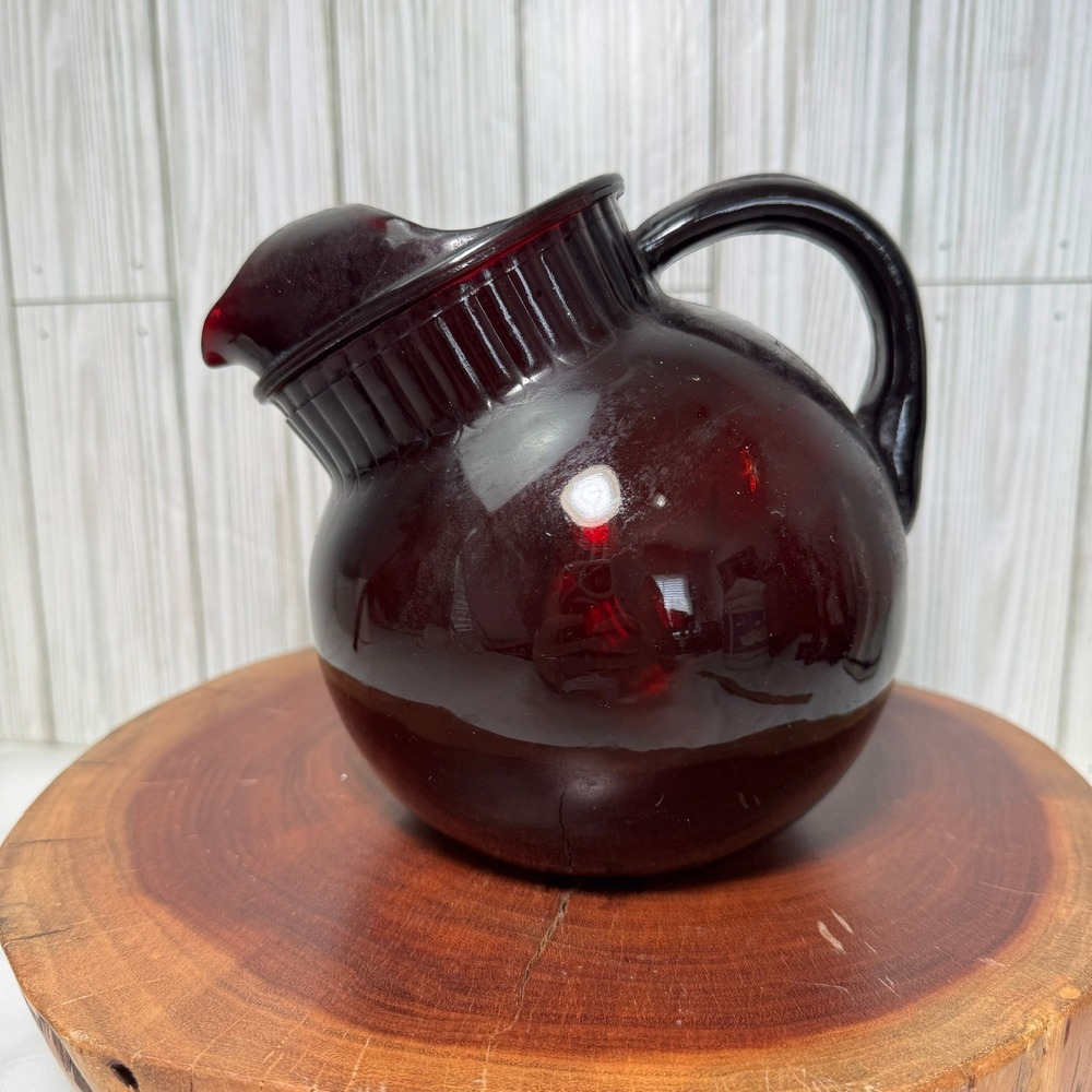 Vintage Ruby Red Glass Ball Pitcher with Ice Lip Ribbed Neck Dark Crimson 7in